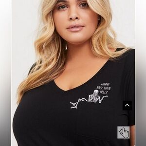 Torrid Raise Some Hell Black V-Neck Pocket Tee Skeleton Halloween Spooky